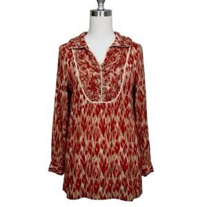 V Cristina Women’s SZ M Red Tan Abstract Pattern 3/4 Sleeve Lighweight Tunic Top